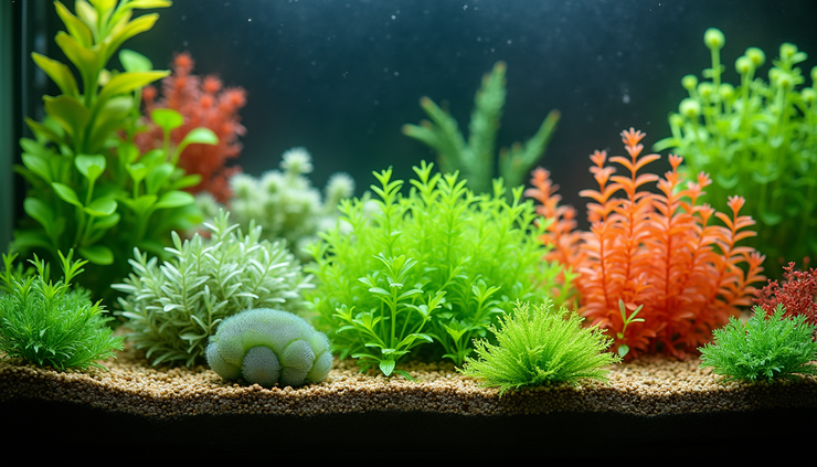Eye-level view of a Dutch-style planted aquarium with dense, colorful aquatic plants arranged in neat rows