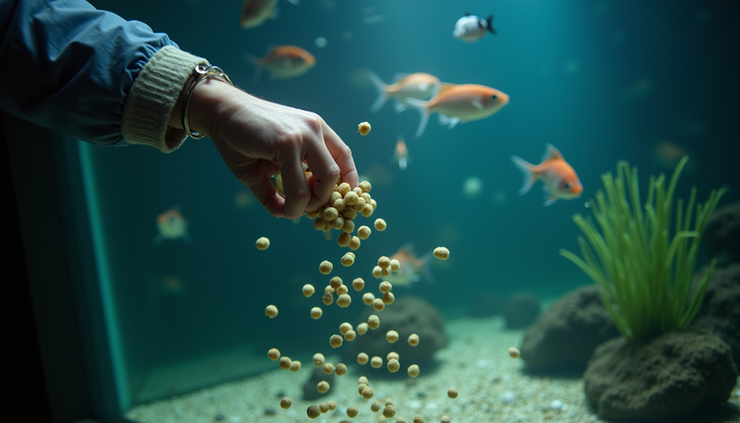 High angle view of a fishkeeper gently feeding small pellets to aquarium fish