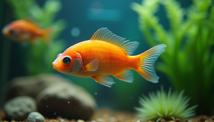 Close-up view of a colorful peaceful fish swimming among aquatic plants