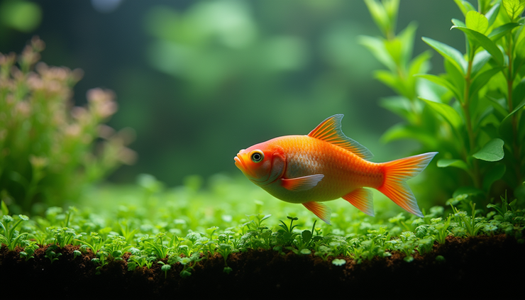 Close-up view of a planted aquarium with healthy fish swimming