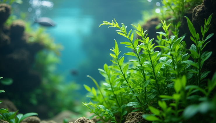 Close-up view of lush green aquatic plants thriving in a clear aquarium