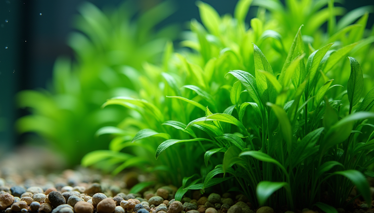 Close-up view of healthy aquatic plants with vibrant green leaves in a planted aquarium