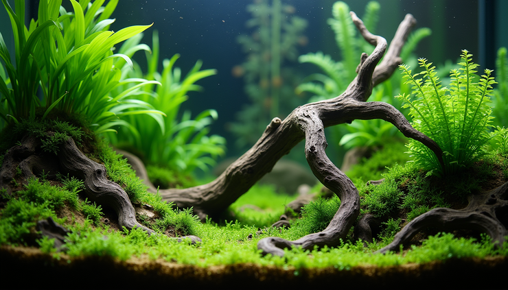 Eye-level view of a planted aquarium featuring twisted driftwood and lush green plants