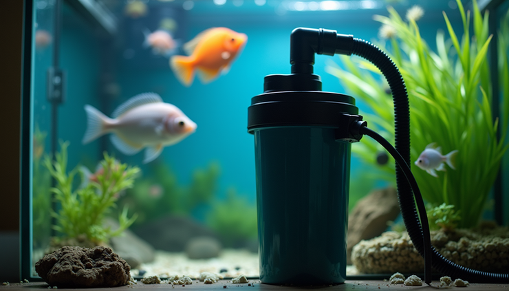 Eye-level view of a canister filter with tubing connected to a large custom aquarium