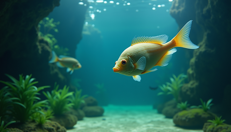 High angle view of aquarium with algae-eating fish and clear water