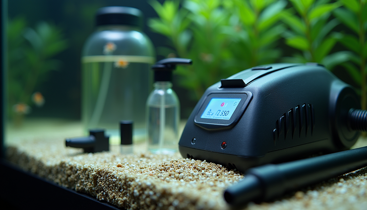 High angle view of aquarium maintenance tools including gravel vacuum and water test kit