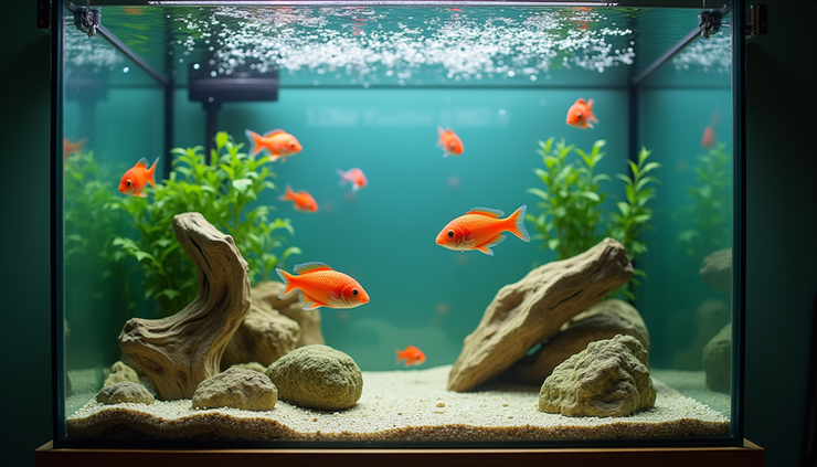 High angle view of a home aquarium with clear water and healthy fish swimming