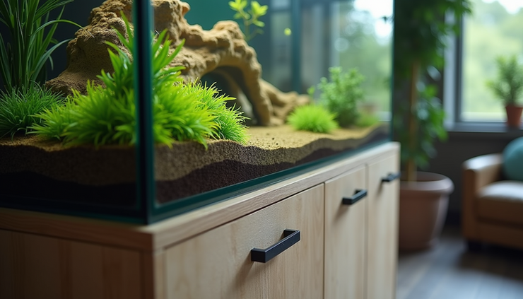 Close-up view of a custom aquarium stand with built-in storage compartments