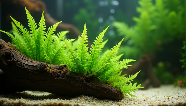 Eye-level view of a planted aquarium showing sections of aquatic plants attached to driftwood