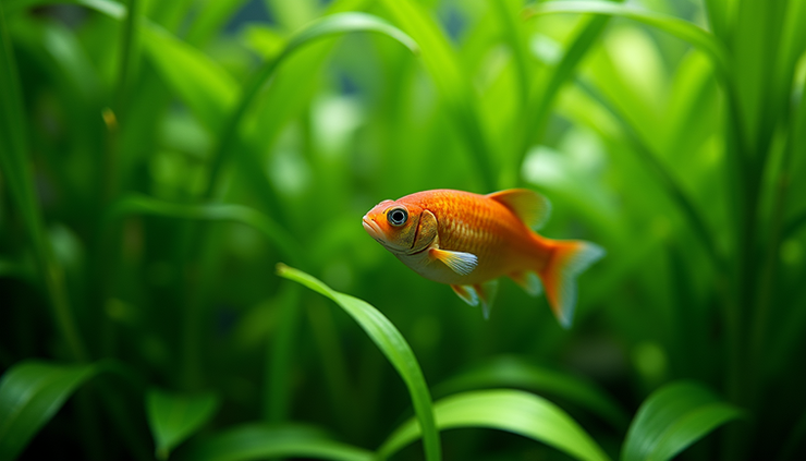 Close-up view of a fish hiding among dense aquatic plants in a planted aquarium