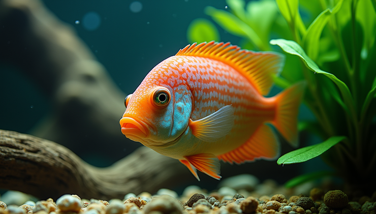 Close-up view of a discus fish swimming near green aquatic plants and driftwood