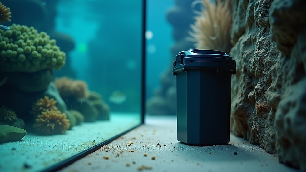 Eye-level view of a canister filter setup beside a large aquarium