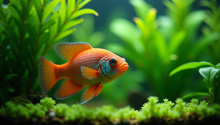 Close-up view of a colorful fish hiding behind aquarium plants