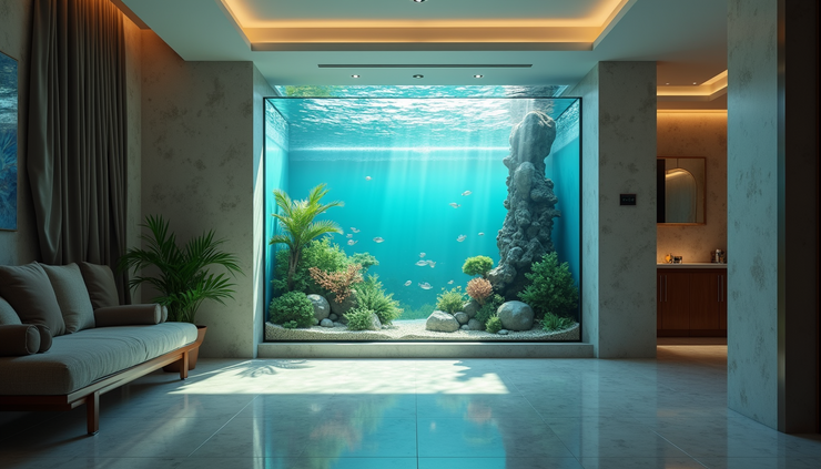 High angle view of a clean and well-maintained aquarium placed near the entrance of a home
