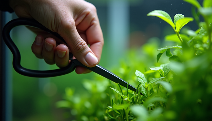 Close-up view of hands trimming aquatic plants inside a planted aquarium