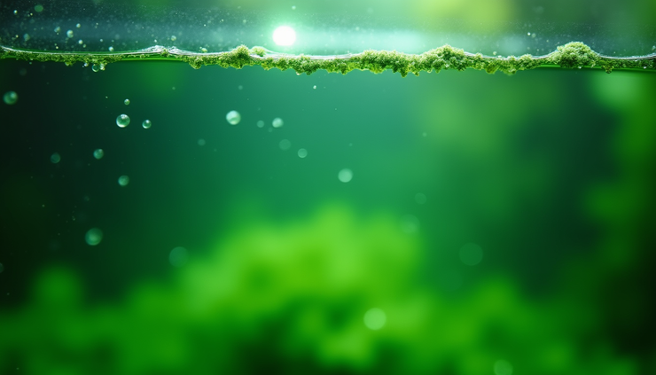 Close-up view of aquarium water with green algae bloom