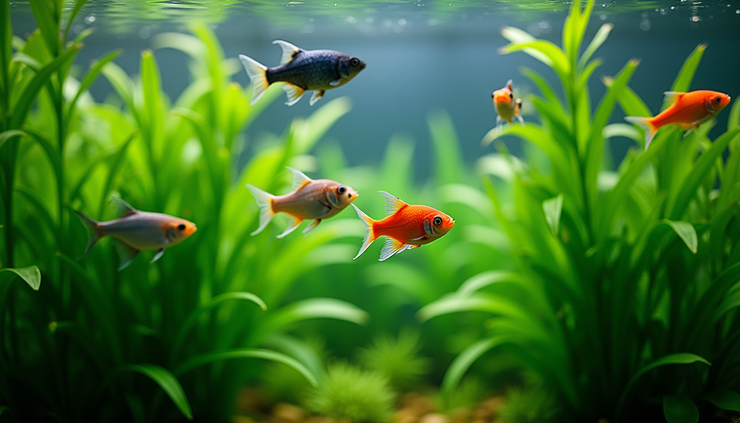 Eye-level view of a planted aquarium with colorful fish swimming among tall aquatic plants