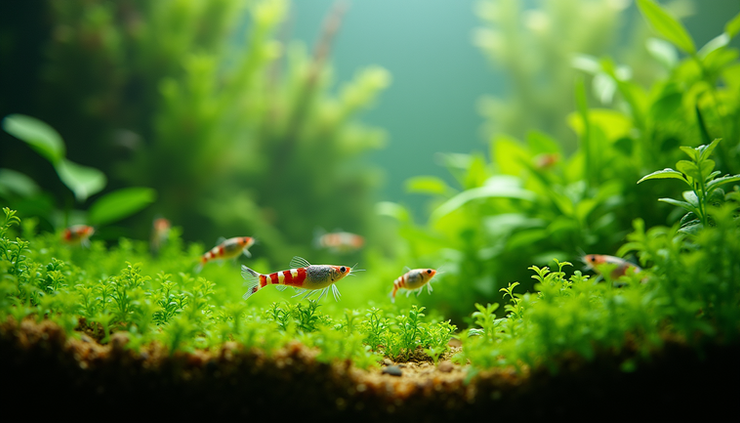 Eye-level view of a freshwater shrimp tank with lush green plants and active shrimp