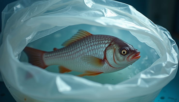 Close-up view of a plastic bag filled with water and a single fish inside