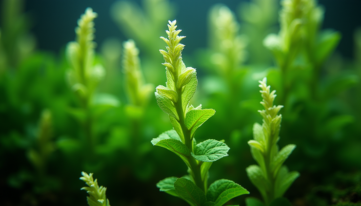Close-up view of healthy aquatic plant runners spreading in a freshwater aquarium