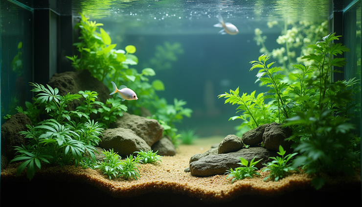 High angle view of a well-maintained aquarium with clear water and healthy plants