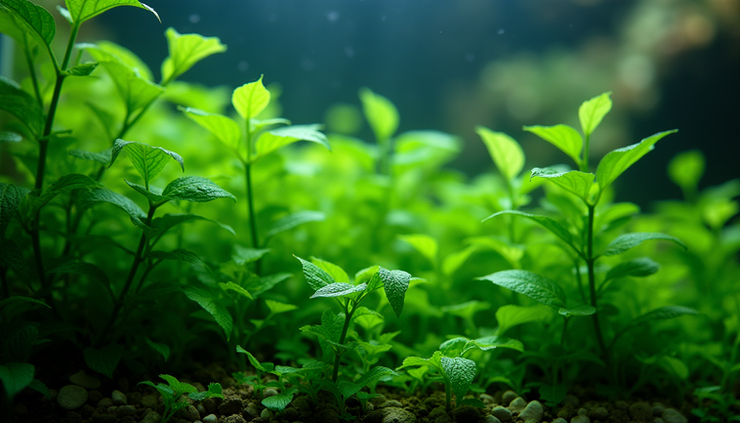 Close-up view of healthy aquatic plants in a planted aquarium with clear water