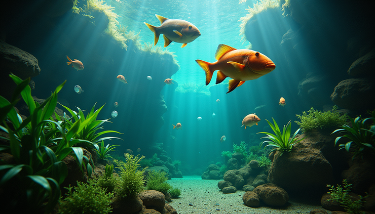 Eye-level view of a large aquarium filled with colorful monster fish and lush aquatic plants