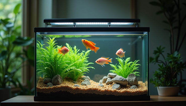 Eye-level view of a glass aquarium with a sleek black lid and vibrant fish inside