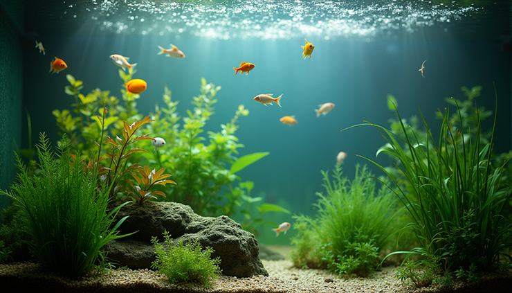 High angle view of planted freshwater aquarium with clear water and healthy fish