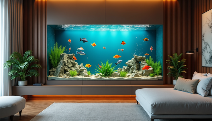 Eye-level view of a large custom aquarium with colorful fish in a Pune living room
