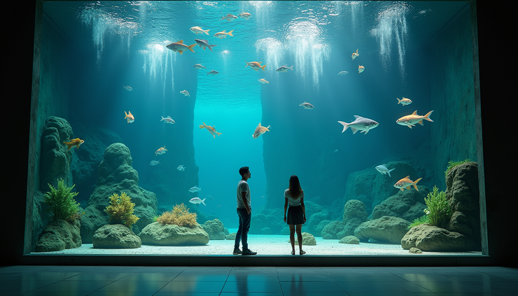 High angle view of a well-maintained monster fish tank with clear water and active fish