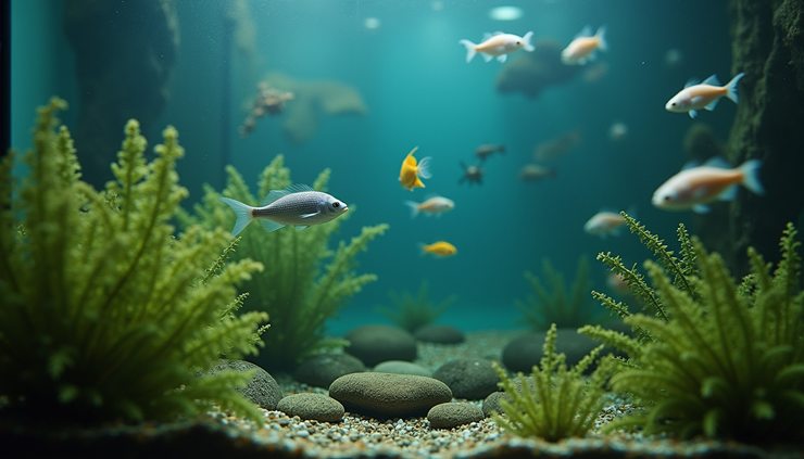 Eye-level view of a small quarantine tank with clear water and aquatic plants
