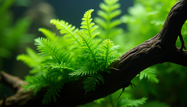 Close-up view of bright green Java fern leaves attached to aquarium driftwood