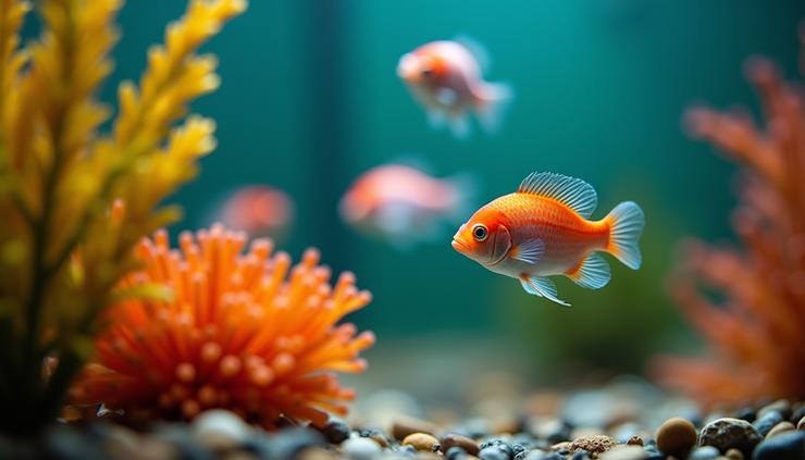 Close-up view of a colorful aquarium with vibrant fish and decorative plants