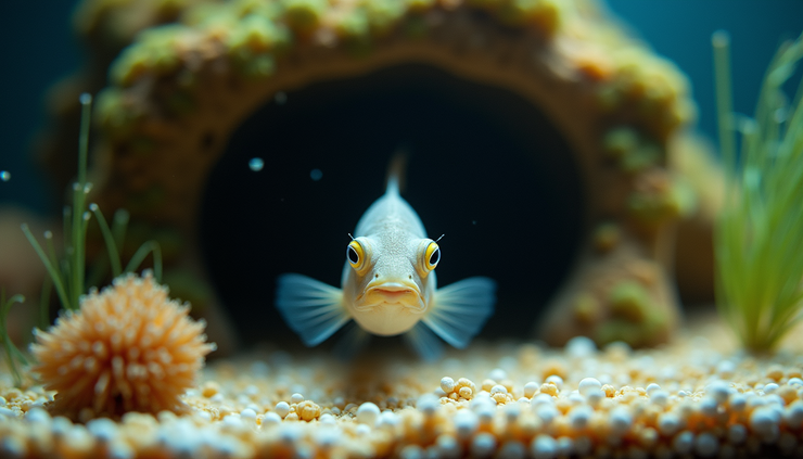 Eye-level view of a cave decoration in an aquarium with a fish peeking out