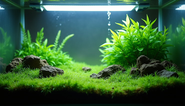 Eye-level view of planted aquarium with LED lighting system mounted above