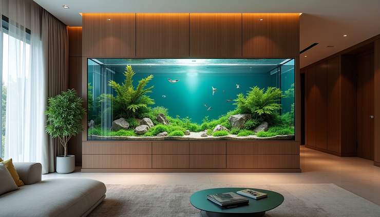 Eye-level view of a large custom fish tank installed in a modern living room in Pune