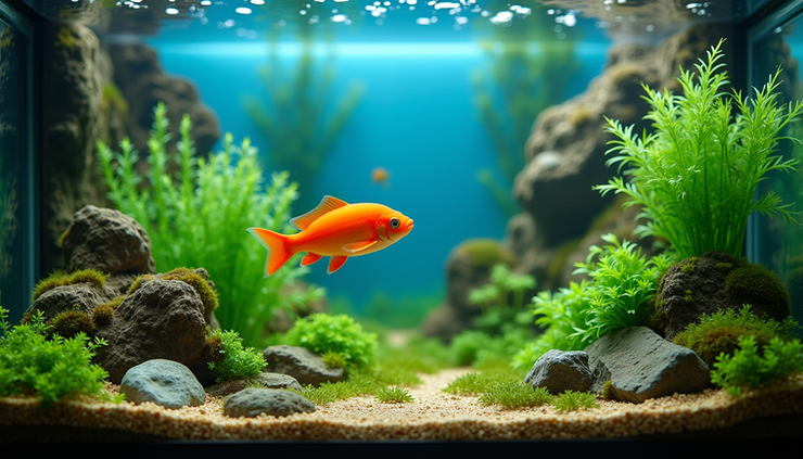 Eye-level view of a clean freshwater aquarium with vibrant fish and clear water