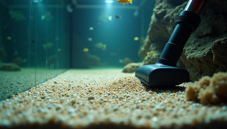 High angle view of a large aquarium substrate being cleaned with a gravel vacuum