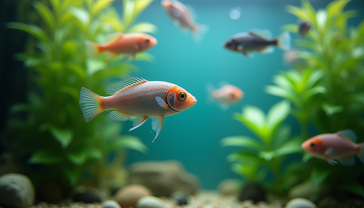 Close-up view of clear aquarium water with aquatic plants and fish