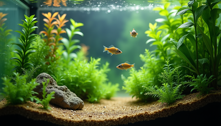 High angle view of a well-maintained aquarium with live plants and low maintenance fish