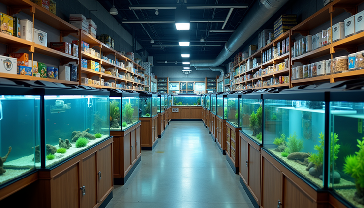 High angle view of a well-organized aquarium store aisle with tanks and supplies at Blessings Aquarium Pune