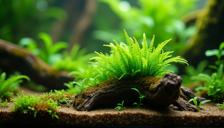 Close-up view of healthy Java Fern attached to driftwood in a low-tech aquarium