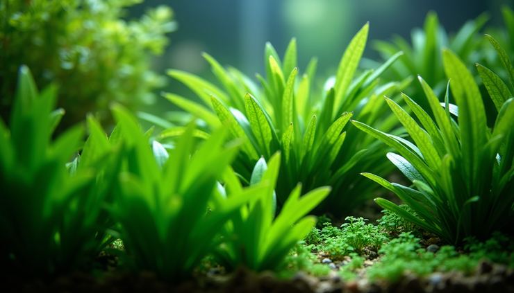 Close-up view of healthy green aquatic plants in a planted aquarium
