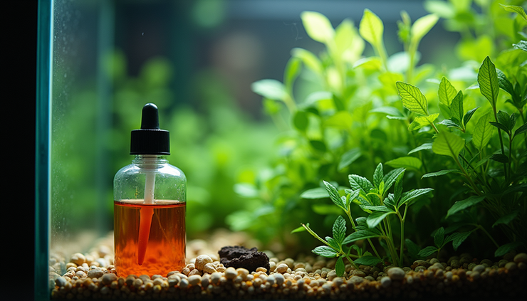 Eye-level view of aquarium plants with fertilizer dosing bottle nearby