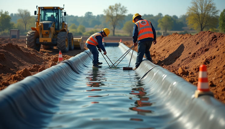 High angle view of workers installing HDPE lining in a large water body construction site in Pune