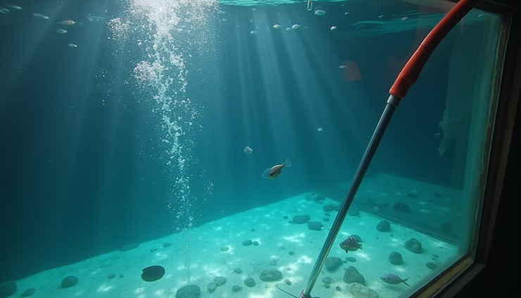 High angle view of aquarium maintenance tools and clean water