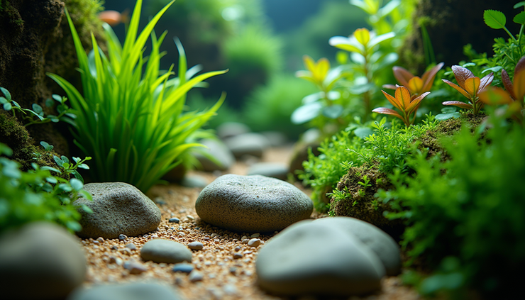 Eye-level view of a lush aquascaped aquarium with vibrant plants and natural stones