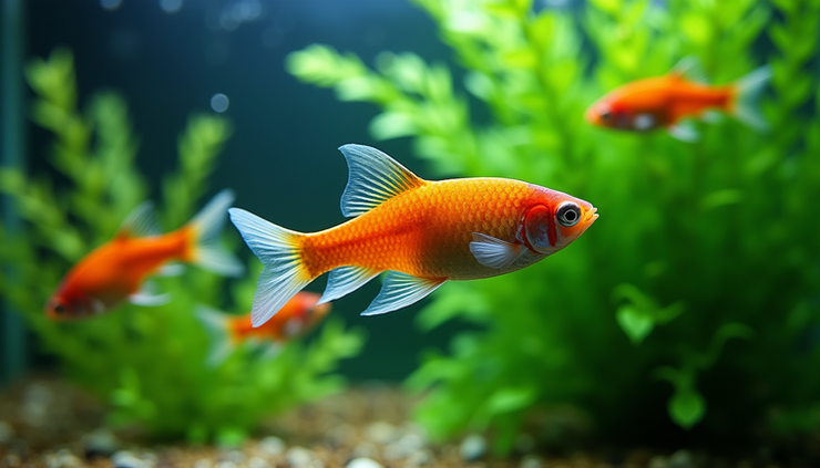 Close-up view of colorful fish swimming among green aquatic plants in a custom tank