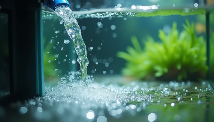 Close-up view of clear water flowing into a freshwater aquarium